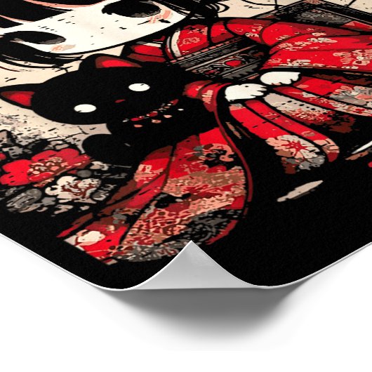 Chibi Kimono Girl Black Cat Flowers Japanese Art W Poster (Ecke)