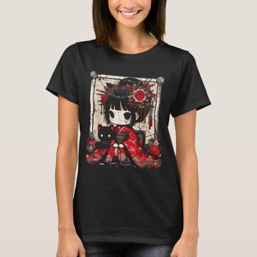 Chibi Kimono Girl Black Cat Flowers Japanese Art W T-Shirt (Vorderseite)