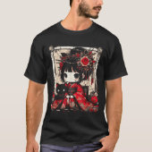 Chibi Kimono Girl Black Cat Flowers Japanese Art W T-Shirt (Vorderseite)