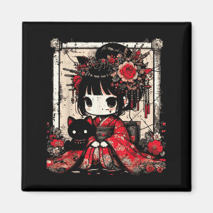 Chibi Kimono Mädchen Schwarze Katze Blumen Japanis Magnet
