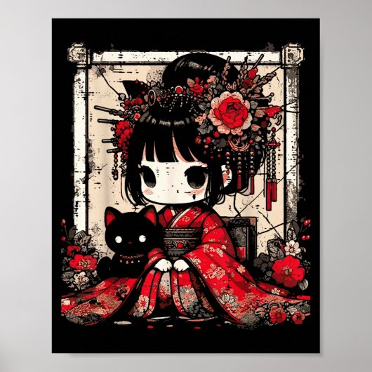 Chibi Kimono Mädchen Schwarze Katze Blumen Japanis Poster (Vorne)