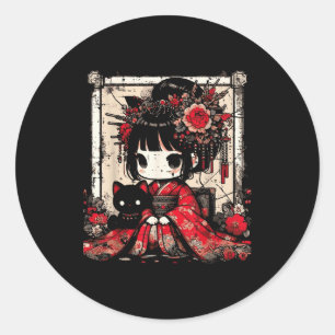 Chibi Kimono Mädchen Schwarze Katze Blumen Japanis Runder Aufkleber