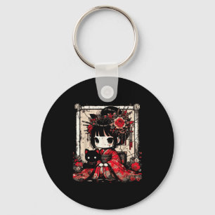 Chibi Kimono Mädchen Schwarze Katze Blumen Japanis Schlüsselanhänger