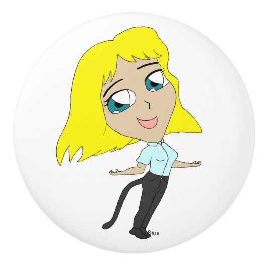 Chibi-Mädchen mit Schwanz Keramikknauf (Vorderseite)