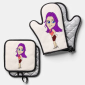 Chibi-Mädchen mit sonnigen Schwänzen Ofenhandschuh & Topflappen-Set (Vorderseite/Rückseite)