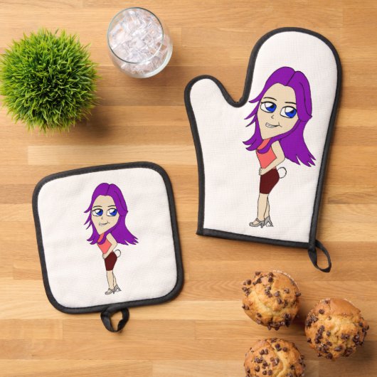 Chibi-Mädchen mit sonnigen Schwänzen Ofenhandschuh & Topflappen-Set (Oben Unten)