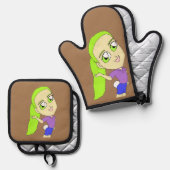 Chibi-Mädchen mit sonnigen Schwänzen Ofenhandschuh & Topflappen-Set (Vorderseite/Rückseite)