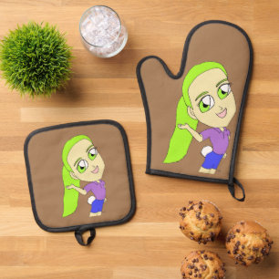 Chibi-Mädchen mit sonnigen Schwänzen Ofenhandschuh & Topflappen-Set