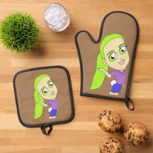 Chibi-Mädchen mit sonnigen Schwänzen Ofenhandschuh & Topflappen-Set (Oben Unten)