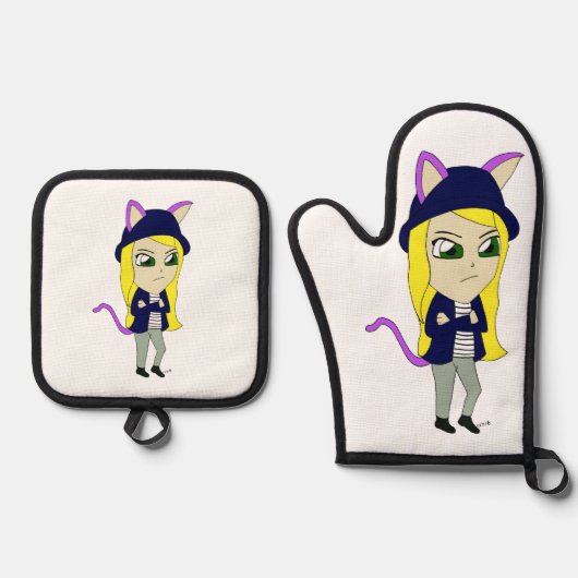 Chibi-Mädchen Ofenhandschuh & Topflappen-Set (Vorderseite)