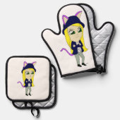 Chibi-Mädchen Ofenhandschuh & Topflappen-Set (Vorderseite/Rückseite)