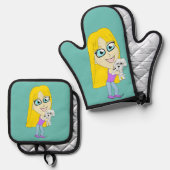 Chibi mit einem Jungtier Ofenhandschuh & Topflappen-Set (Vorderseite/Rückseite)
