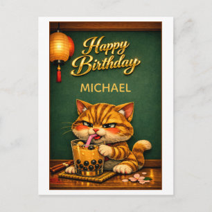 Chibi Neko Tiger Cat Boba Bubble Tee Geburtstag Postkarte