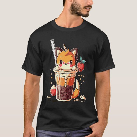 Chibi Niedlich Bubble Tea Fox Boba Tea T-Shirt (Vorderseite)