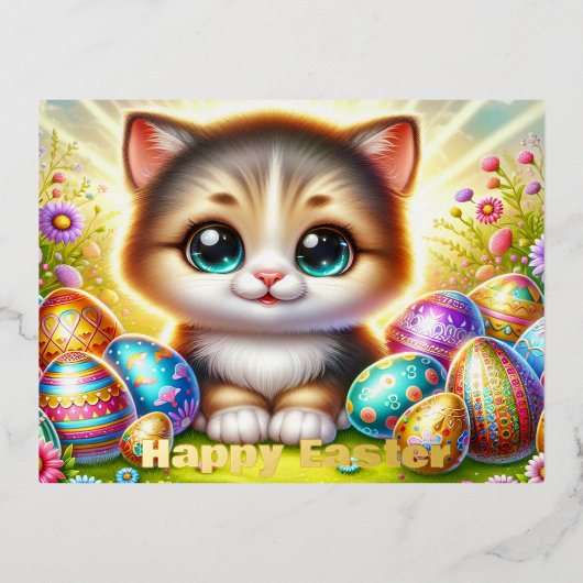 Chibi Osterkatze Postkarte mit Goldfolie Akzenten (Vorderseite)