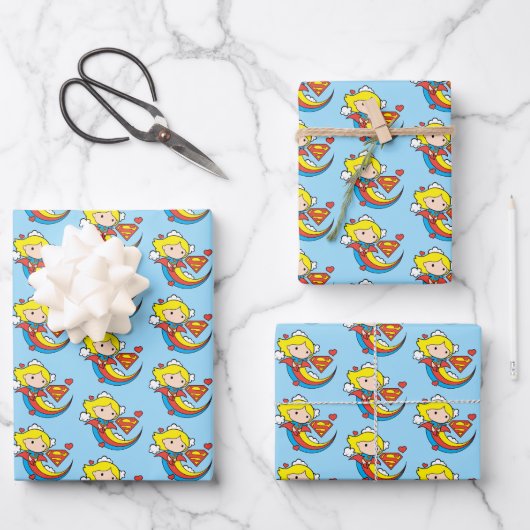 Chibi Supergirl Flying Rainbow Geschenkpapier Set (Vorderseite)