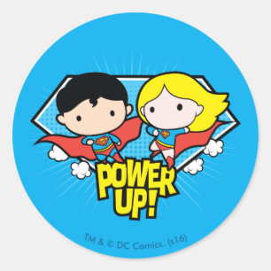 Chibi Superman & Chibi Supergirl Power Up! Runder Aufkleber