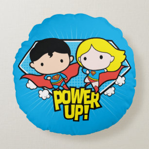 Chibi Superman & Chibi Supergirl Power Up! Rundes Kissen