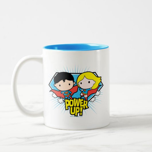 Chibi Superman & Chibi Supergirl Power Up! Zweifarbige Tasse (Links)