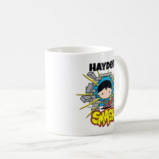 Chibi Superman Smashing Through Brick Wall Kaffeetasse (VorderseiteRechts)