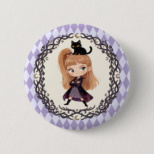Chibi Süße Hexe Eins und schwarze Katze Wasserfarb Button