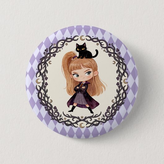 Chibi Süße Hexe Eins und schwarze Katze Wasserfarb Button (Vorderseite)