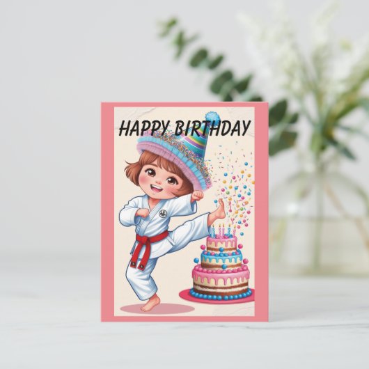 Chibi tritt Geburtstagskuchen Postkarte (Stehend Vorderseite)