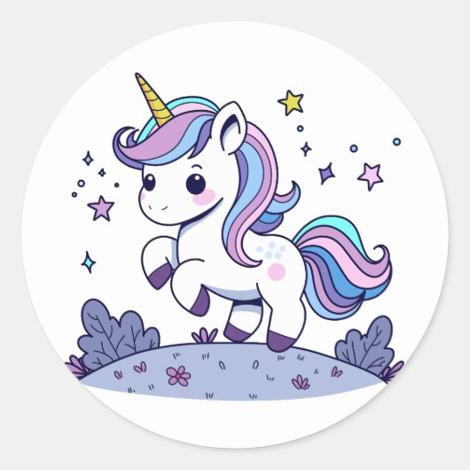 Chibi Unicorn Lila Blue Pink Runder Aufkleber (Vorderseite)