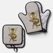 Chibi Warrior Cat Ofenhandschuh & Topflappen-Set (Vorderseite/Rückseite)