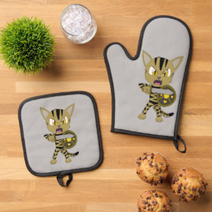 Chibi Warrior Cat Ofenhandschuh & Topflappen-Set