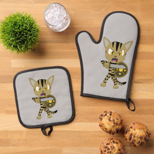 Chibi Warrior Cat Ofenhandschuh & Topflappen-Set (Oben Unten)