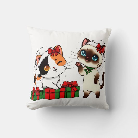 Chibi-Weihnachtskatzen mit Geschenken Kissen (Vorderseite)