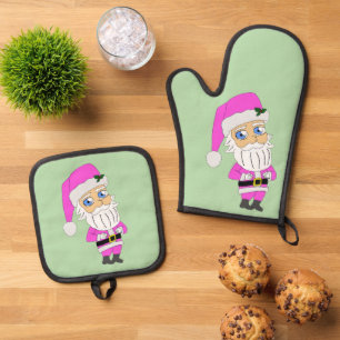 Chibi-Weihnachtsmann im rosa Anzug Ofenhandschuh & Topflappen-Set