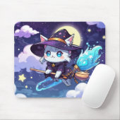 Chibi Witch Cat Flying in Starry Sky – Kawaii Magi Mousepad (Mit Mouse)