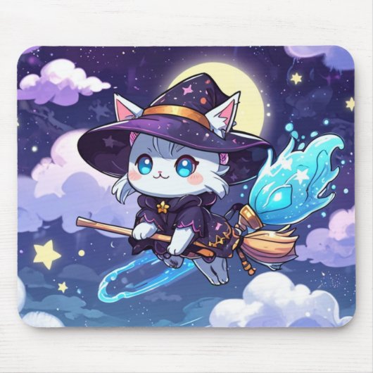 Chibi Witch Cat Flying in Starry Sky – Kawaii Magi Mousepad (Vorne)