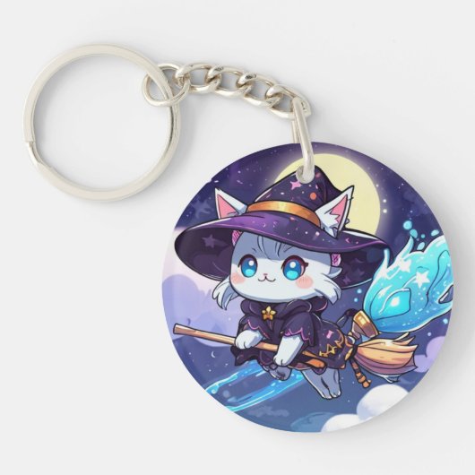 Chibi Witch Cat Flying in Starry Sky – Kawaii Magi Schlüsselanhänger (Vorderseite)
