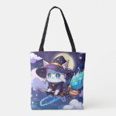 Chibi Witch Cat Flying in Starry Sky – Kawaii Magi Tasche (Rückseite)