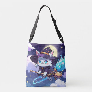 Chibi Witch Cat Flying in Starry Sky – Kawaii Magi Tragetaschen Mit Langen Trägern
