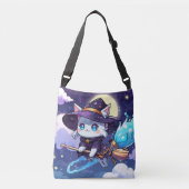 Chibi Witch Cat Flying in Starry Sky – Kawaii Magi Tragetaschen Mit Langen Trägern (Vorderseite)