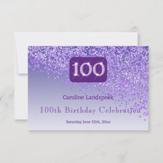 Chic 100 Geburtstag Lila Glitzer UAWG RSVP Karte (Vorderseite)