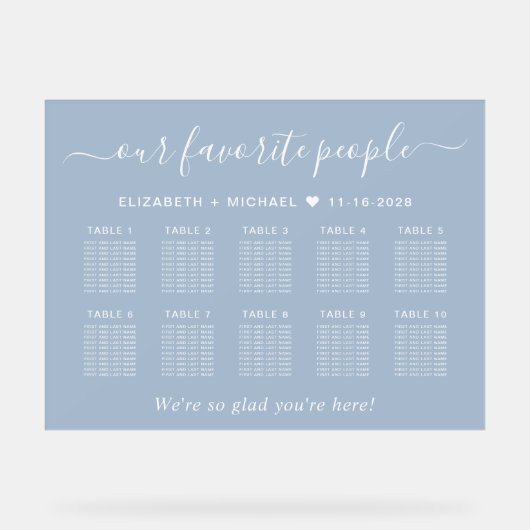 Chic 10 Table Dusty Blue Wedding Seating Acrylschild (Vorderseite)