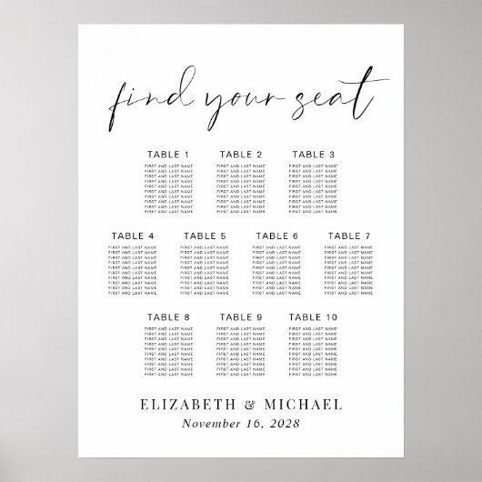 Chic 10 Table Wedding Seating Chart Poster (Vorne)