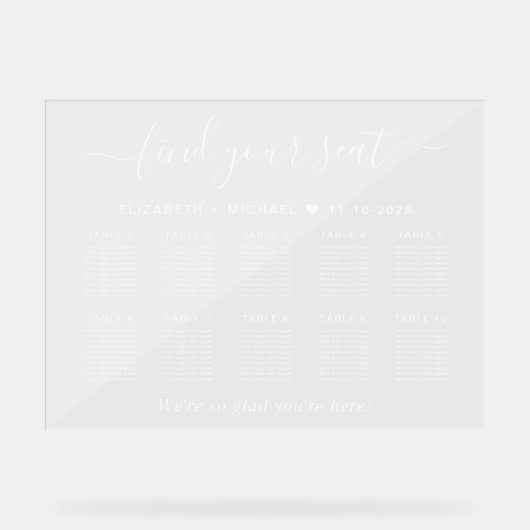 Chic 10 Table White Script Wedding Seating Clear Acrylschild (Vorderseite)