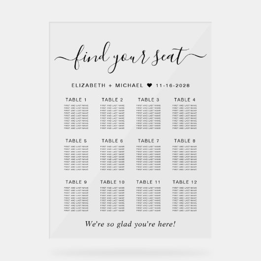 Chic 12 Table Wedding Seating Clear Acrylschild (Vorderseite)