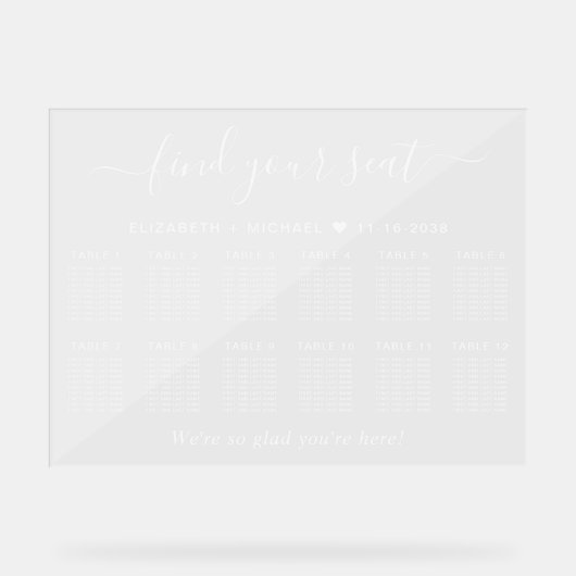Chic 12 Table White Wedding Seating Acrylschild (Vorderseite)