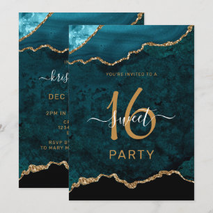 Chic 16 . Geburtstag Aquamarin Gold Agate Party Einladung