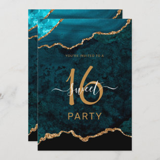 Chic 16 . Geburtstag Aquamarin Gold Agate Party Einladung