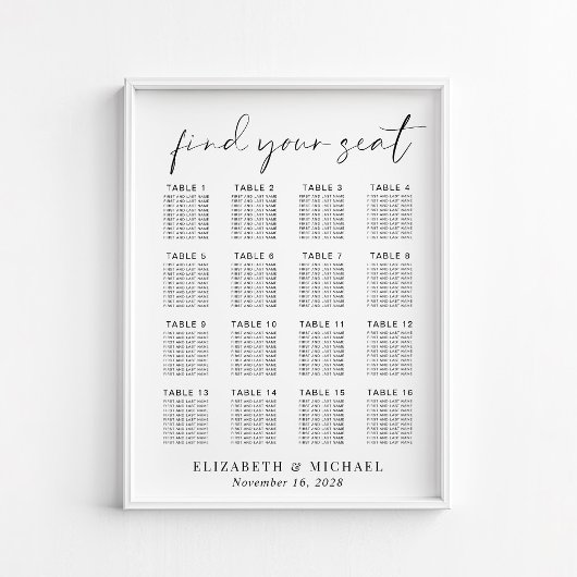 Chic 16 Table Wedding Seating Chart Poster