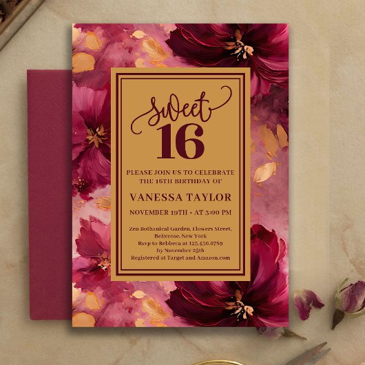 Chic 16th Birthday Burgundy Blush Gold Invitation Einladung