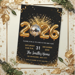 Chic 2026 New Year' Eve Party Gold Glitter Black Einladung